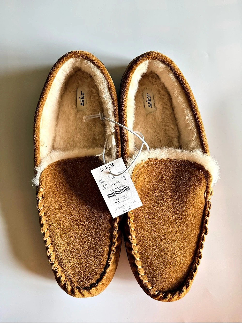 J.Crew Suede Slippers Shearling-Lined Moccasin Slippers in Brown NWT Men Size 12